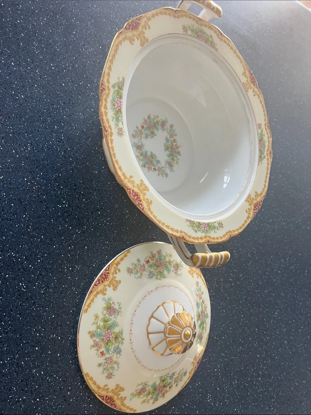 Vtg Noritake -  Floral Gold-Trim Porcelain Covered Serving Dish/Soup Tureen